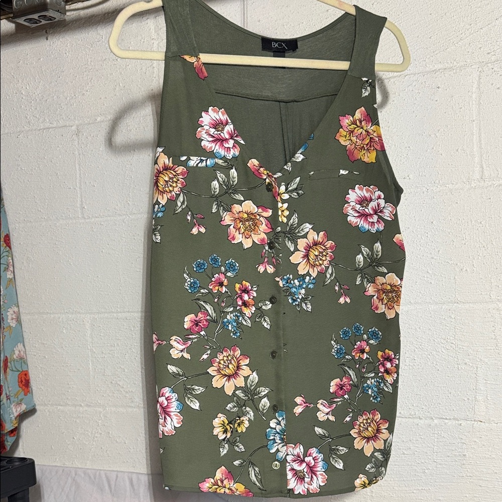 BCX Floral Tank Top - Olive Green and Multicolor